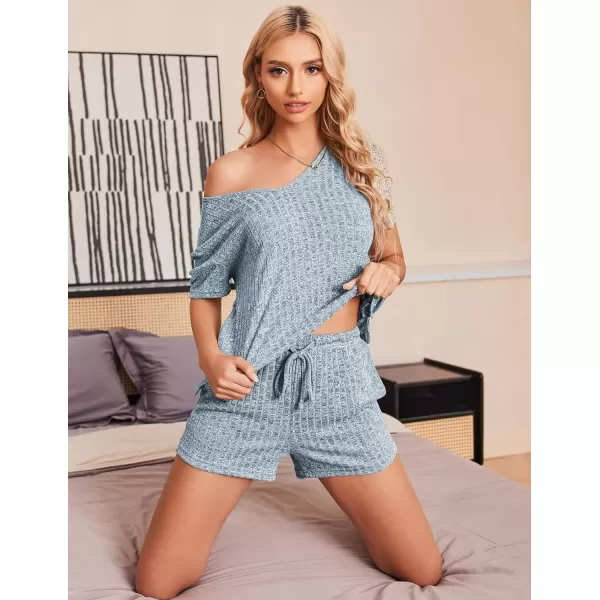 Ekouaer Womens Ribbed Knit Lounge Set Short Sleeve Top and Shorts Sleepwear Pajama Set Two Piece Matching Outfits SetBlue