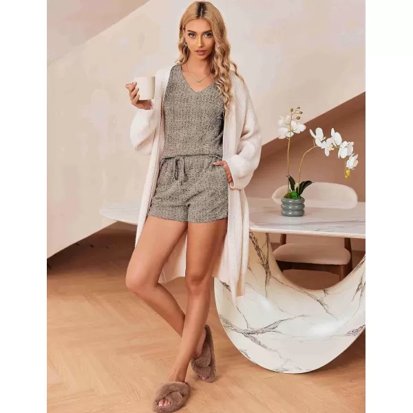 Ekouaer Womens Ribbed Knit Lounge Set Short Sleeve Top and Shorts Sleepwear Pajama Set Two Piece Matching Outfits SetBrown