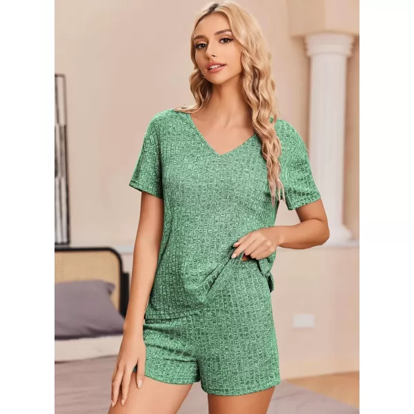 Ekouaer Womens Ribbed Knit Lounge Set Short Sleeve Top and Shorts Sleepwear Pajama Set Two Piece Matching Outfits SetFresh Green