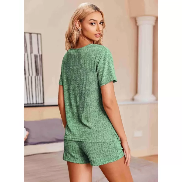 Ekouaer Womens Ribbed Knit Lounge Set Short Sleeve Top and Shorts Sleepwear Pajama Set Two Piece Matching Outfits SetFresh Green