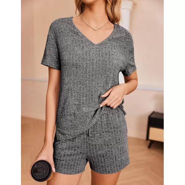 Ekouaer Womens Ribbed Knit Lounge Set Short Sleeve Top and Shorts Sleepwear Pajama Set Two Piece Matching Outfits SetGray