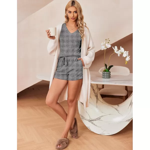 Ekouaer Womens Ribbed Knit Lounge Set Short Sleeve Top and Shorts Sleepwear Pajama Set Two Piece Matching Outfits SetGray