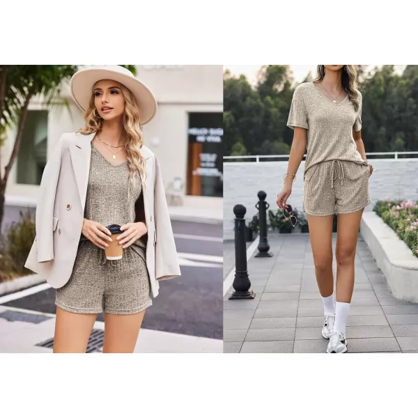 Ekouaer Womens Ribbed Knit Lounge Set Short Sleeve Top and Shorts Sleepwear Pajama Set Two Piece Matching Outfits SetKhaki