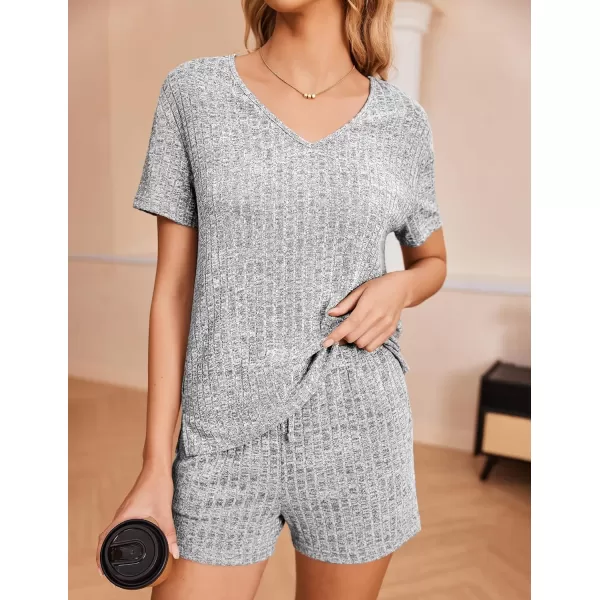 Ekouaer Womens Ribbed Knit Lounge Set Short Sleeve Top and Shorts Sleepwear Pajama Set Two Piece Matching Outfits SetLight Gray