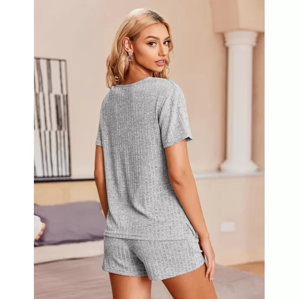 Ekouaer Womens Ribbed Knit Lounge Set Short Sleeve Top and Shorts Sleepwear Pajama Set Two Piece Matching Outfits SetLight Gray