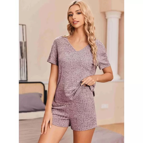 Ekouaer Womens Ribbed Knit Lounge Set Short Sleeve Top and Shorts Sleepwear Pajama Set Two Piece Matching Outfits SetLilac