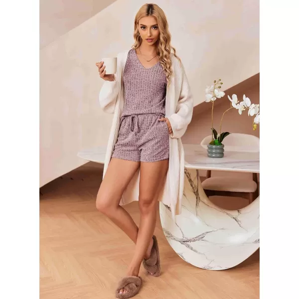 Ekouaer Womens Ribbed Knit Lounge Set Short Sleeve Top and Shorts Sleepwear Pajama Set Two Piece Matching Outfits SetLilac