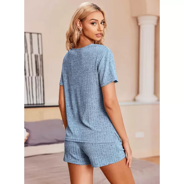 Ekouaer Womens Ribbed Knit Lounge Set Short Sleeve Top and Shorts Sleepwear Pajama Set Two Piece Matching Outfits SetRoyal Blue