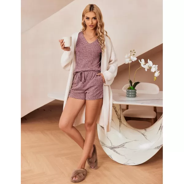 Ekouaer Womens Ribbed Knit Lounge Set Short Sleeve Top and Shorts Sleepwear Pajama Set Two Piece Matching Outfits SetWine Red