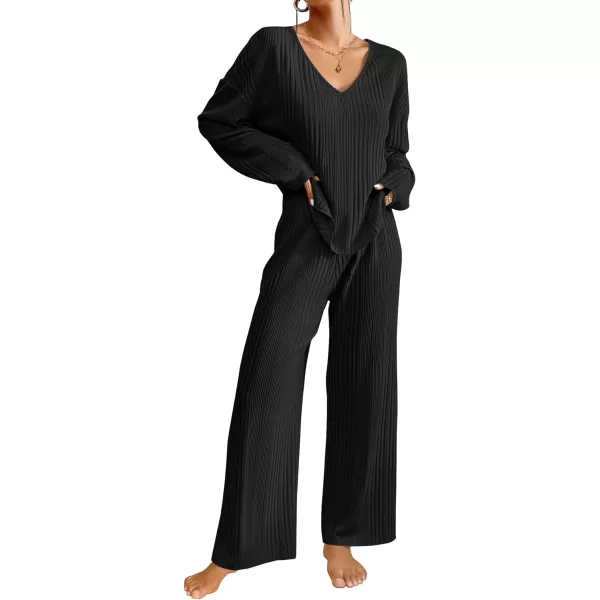 Ekouaer Womens Ribbed Knit Pajamas Set V Neck Long Sleeve Pj Set Matching Outfits Top and Pant Loungewear Casual SweatsuitsBlack