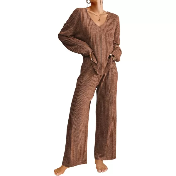 Ekouaer Womens Ribbed Knit Pajamas Set V Neck Long Sleeve Pj Set Matching Outfits Top and Pant Loungewear Casual SweatsuitsBrown