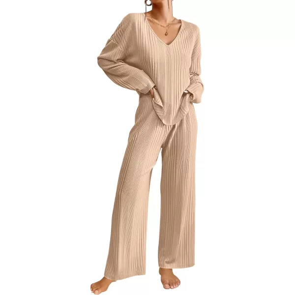 Ekouaer Womens Ribbed Knit Pajamas Set V Neck Long Sleeve Pj Set Matching Outfits Top and Pant Loungewear Casual SweatsuitsChampagne