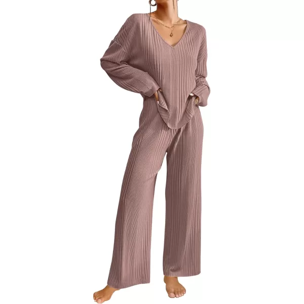 Ekouaer Womens Ribbed Knit Pajamas Set V Neck Long Sleeve Pj Set Matching Outfits Top and Pant Loungewear Casual SweatsuitsGrey Purple