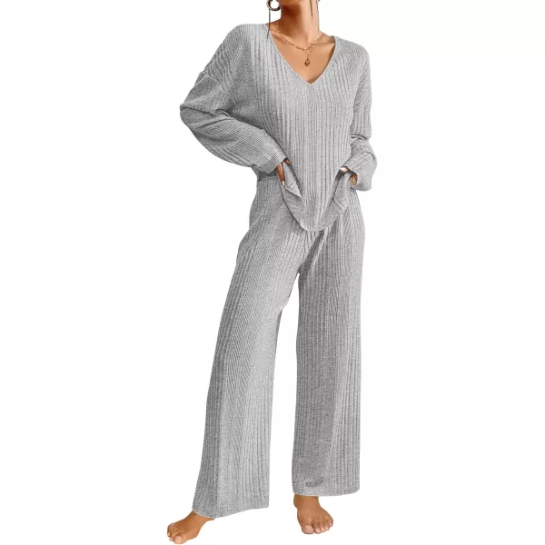 Ekouaer Womens Ribbed Knit Pajamas Set V Neck Long Sleeve Pj Set Matching Outfits Top and Pant Loungewear Casual SweatsuitsLight Grey