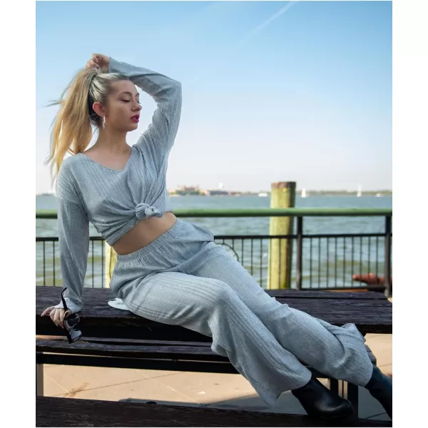 Ekouaer Womens Ribbed Knit Pajamas Set V Neck Long Sleeve Pj Set Matching Outfits Top and Pant Loungewear Casual SweatsuitsLight Grey