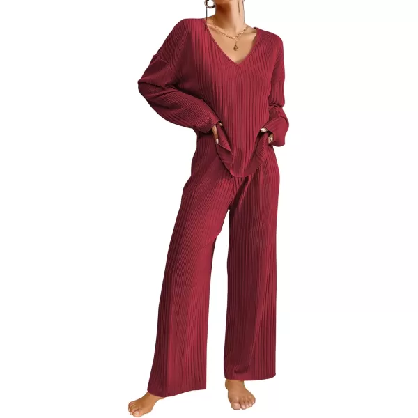 Ekouaer Womens Ribbed Knit Pajamas Set V Neck Long Sleeve Pj Set Matching Outfits Top and Pant Loungewear Casual SweatsuitsWine Red