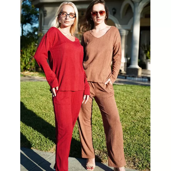 Ekouaer Womens Ribbed Knit Pajamas Set V Neck Long Sleeve Pj Set Matching Outfits Top and Pant Loungewear Casual SweatsuitsWine Red