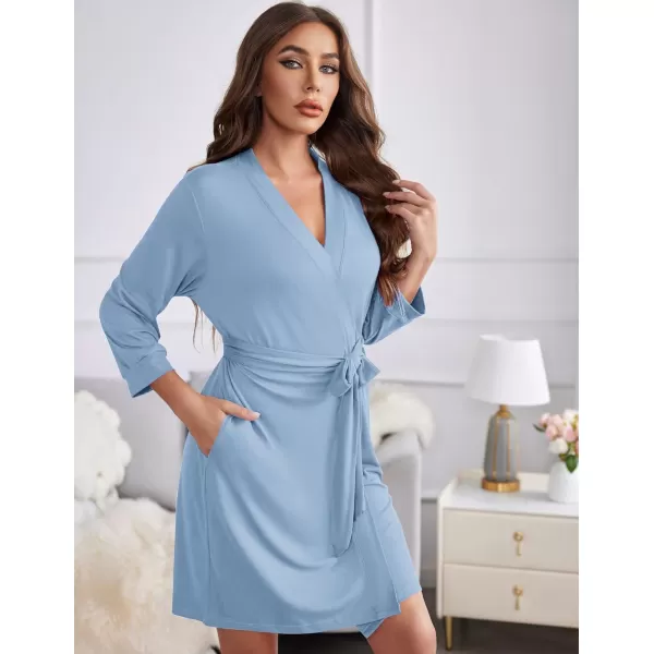 Ekouaer Womens Robe Lightweight 34 Sleeve Knit Bathrobe Soft Knee Length Sleepwear Robes with Pockets SXXLLight Blue