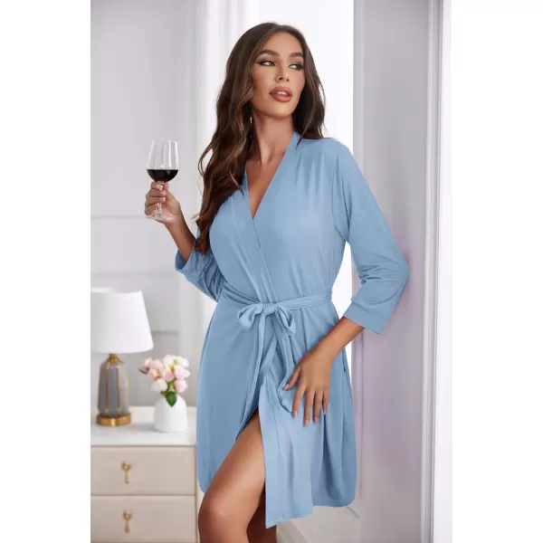 Ekouaer Womens Robe Lightweight 34 Sleeve Knit Bathrobe Soft Knee Length Sleepwear Robes with Pockets SXXLLight Blue