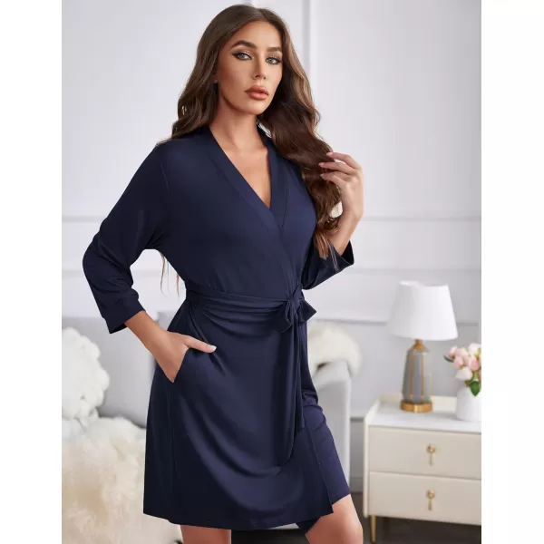 Ekouaer Womens Robe Lightweight 34 Sleeve Knit Bathrobe Soft Knee Length Sleepwear Robes with Pockets SXXLNavy Blue