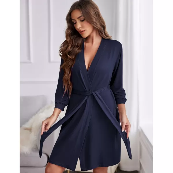 Ekouaer Womens Robe Lightweight 34 Sleeve Knit Bathrobe Soft Knee Length Sleepwear Robes with Pockets SXXLNavy Blue