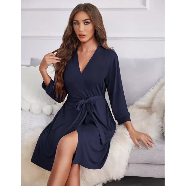 Ekouaer Womens Robe Lightweight 34 Sleeve Knit Bathrobe Soft Knee Length Sleepwear Robes with Pockets SXXLNavy Blue