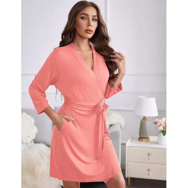 Ekouaer Womens Robe Lightweight 34 Sleeve Knit Bathrobe Soft Knee Length Sleepwear Robes with Pockets SXXLOrange Pink