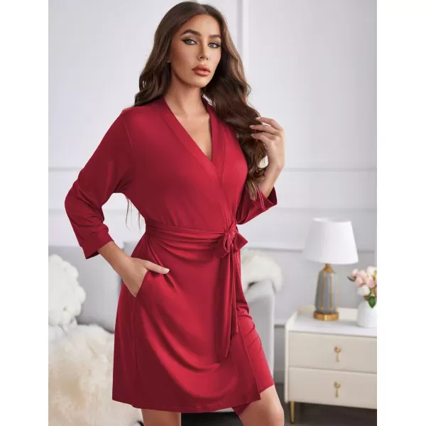 Ekouaer Womens Robe Lightweight 34 Sleeve Knit Bathrobe Soft Knee Length Sleepwear Robes with Pockets SXXLWine Red