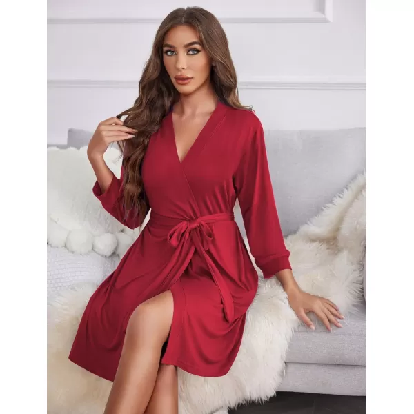 Ekouaer Womens Robe Lightweight 34 Sleeve Knit Bathrobe Soft Knee Length Sleepwear Robes with Pockets SXXLWine Red