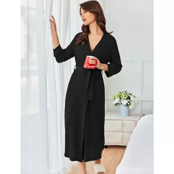 Ekouaer Womens Robe Long Waffle Knit Bathrobe Lightweight Soft Kimono Robes Loungewear SXXLLong Sleeveblack