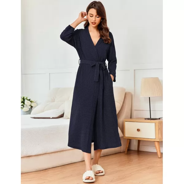 Ekouaer Womens Robe Long Waffle Knit Bathrobe Lightweight Soft Kimono Robes Loungewear SXXLLong Sleevenavy Blue