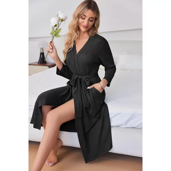 Ekouaer Womens Robes Long Bathrobes Jacquard Knit Spa Shower Robe Fixed Belt Sleepwear with Two Pockets S3XLBlack