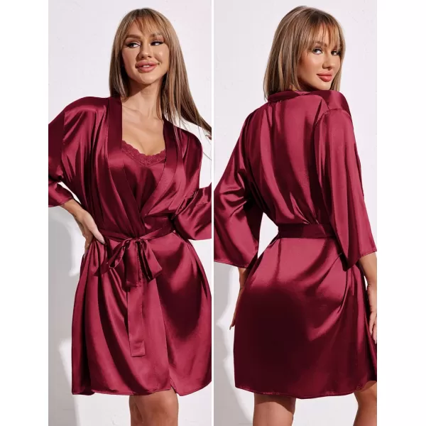 Ekouaer Womens Satin Kimono Robes for Bridesmaids Silk Nightgown and Robes Lace Cami Sleepwear with Robe07 Wine Red