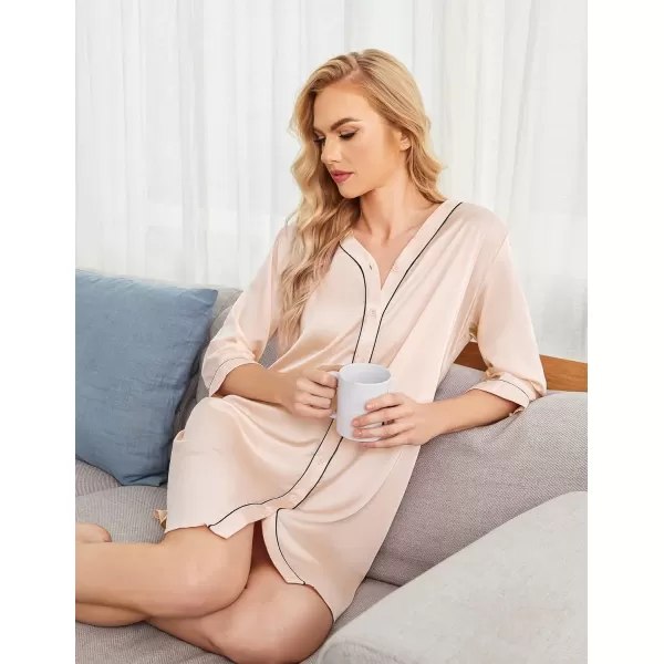 Ekouaer Womens Satin Nightgown Button Down Sleep Shirt 34 Sleeve VNeck Nightshirt Boyfriend SleepwearChampagne