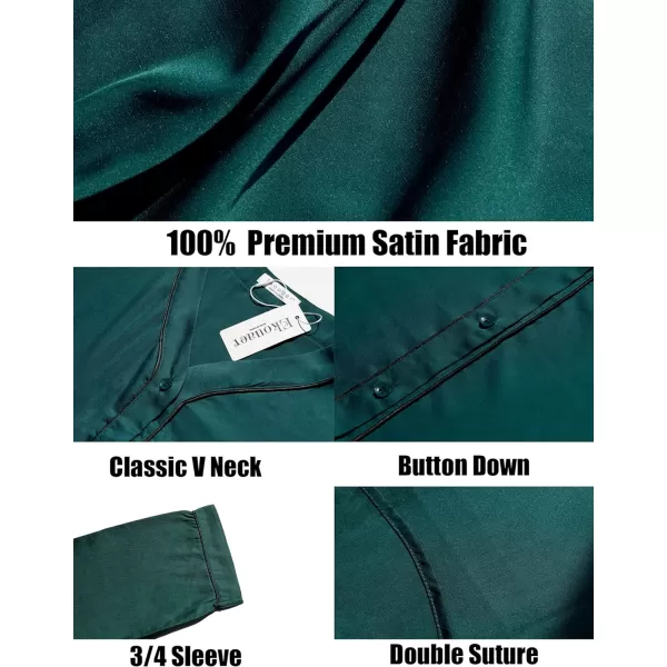 Ekouaer Womens Satin Nightgown Button Down Sleep Shirt 34 Sleeve VNeck Nightshirt Boyfriend SleepwearDark Green