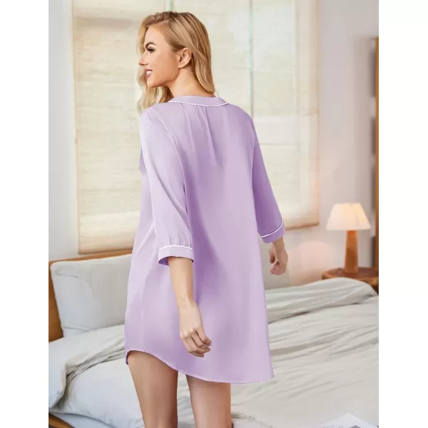 Ekouaer Womens Satin Nightgown Button Down Sleep Shirt 34 Sleeve VNeck Nightshirt Boyfriend SleepwearLavender