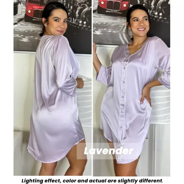 Ekouaer Womens Satin Nightgown Button Down Sleep Shirt 34 Sleeve VNeck Nightshirt Boyfriend SleepwearLavender