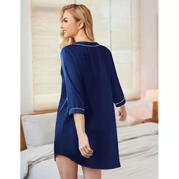 Ekouaer Womens Satin Nightgown Button Down Sleep Shirt 34 Sleeve VNeck Nightshirt Boyfriend SleepwearNavy