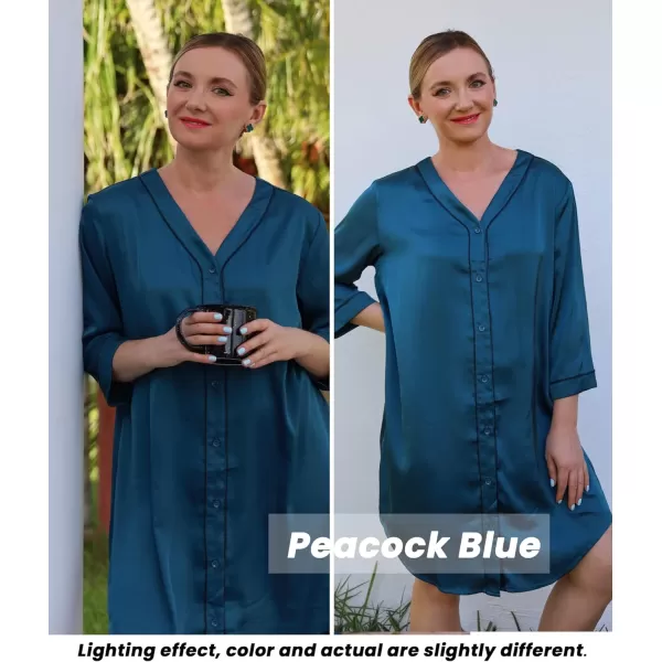 Ekouaer Womens Satin Nightgown Button Down Sleep Shirt 34 Sleeve VNeck Nightshirt Boyfriend SleepwearPeacock Blue