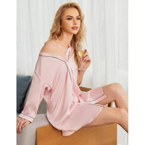 Ekouaer Womens Satin Nightgown Button Down Sleep Shirt 34 Sleeve VNeck Nightshirt Boyfriend SleepwearPink