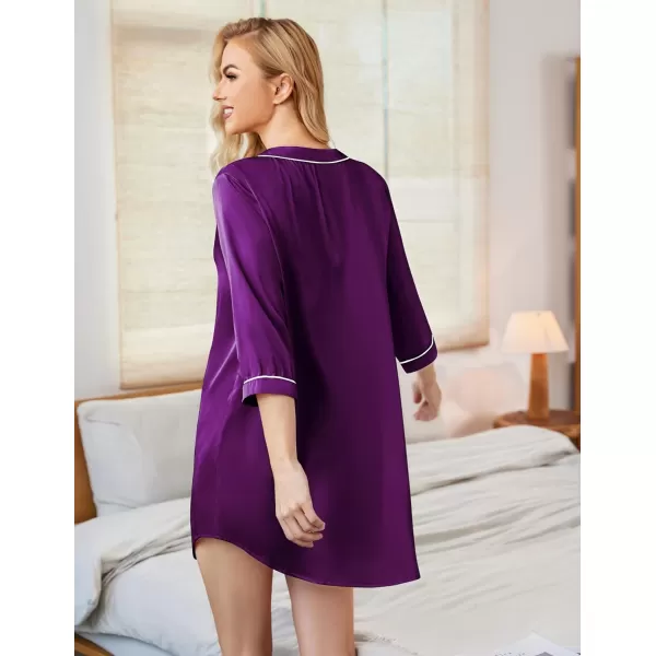 Ekouaer Womens Satin Nightgown Button Down Sleep Shirt 34 Sleeve VNeck Nightshirt Boyfriend SleepwearPurple