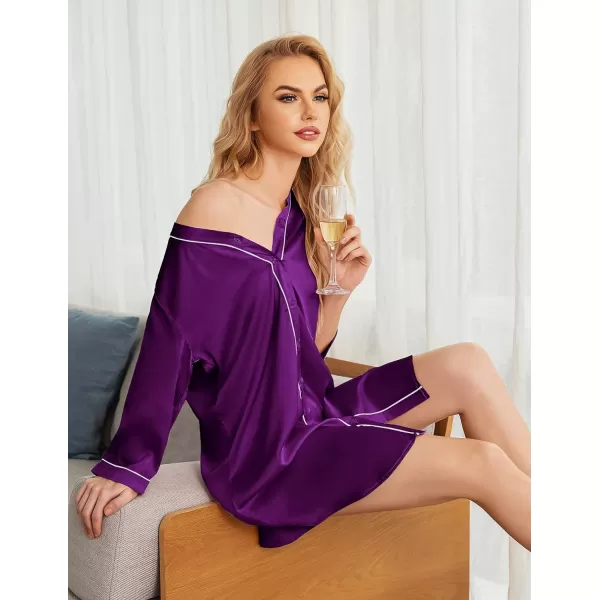 Ekouaer Womens Satin Nightgown Button Down Sleep Shirt 34 Sleeve VNeck Nightshirt Boyfriend SleepwearPurple