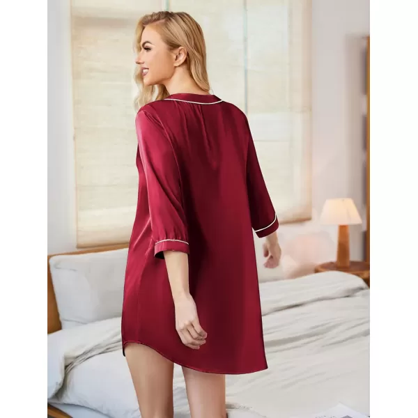 Ekouaer Womens Satin Nightgown Button Down Sleep Shirt 34 Sleeve VNeck Nightshirt Boyfriend SleepwearWine Red