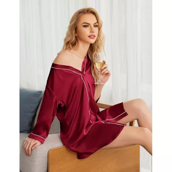 Ekouaer Womens Satin Nightgown Button Down Sleep Shirt 34 Sleeve VNeck Nightshirt Boyfriend SleepwearWine Red