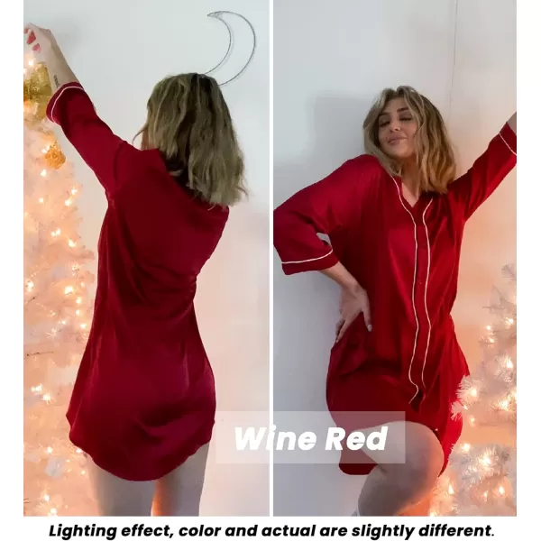 Ekouaer Womens Satin Nightgown Button Down Sleep Shirt 34 Sleeve VNeck Nightshirt Boyfriend SleepwearWine Red