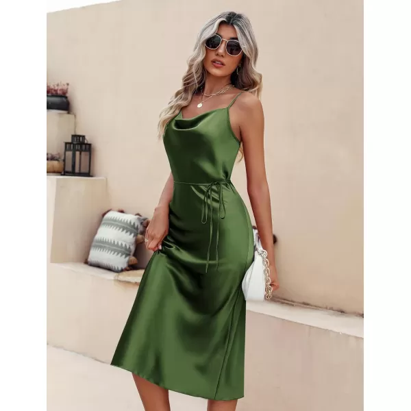 Ekouaer Womens Satin Nightgown Sexy Lingerie Sleepwear Spaghetti Strap Cowl Neck Elegant Long Slip Satin Silk Midi DressArmy Green