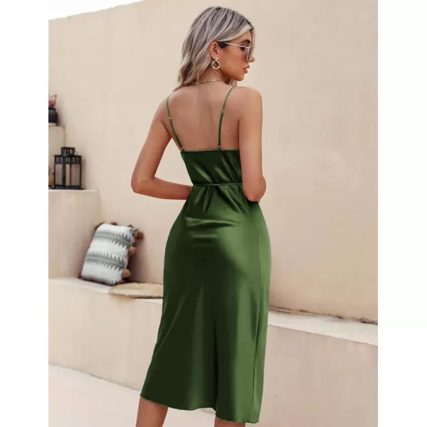 Ekouaer Womens Satin Nightgown Sexy Lingerie Sleepwear Spaghetti Strap Cowl Neck Elegant Long Slip Satin Silk Midi DressArmy Green