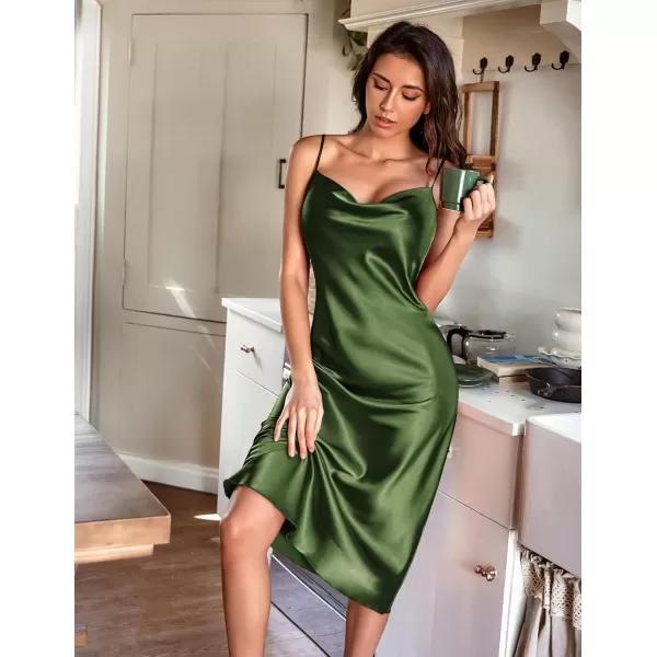Ekouaer Womens Satin Nightgown Sexy Lingerie Sleepwear Spaghetti Strap Cowl Neck Elegant Long Slip Satin Silk Midi DressArmy Green