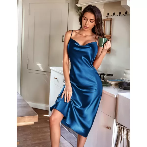 Ekouaer Womens Satin Nightgown Sexy Lingerie Sleepwear Spaghetti Strap Cowl Neck Elegant Long Slip Satin Silk Midi DressBlue