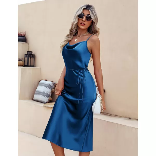 Ekouaer Womens Satin Nightgown Sexy Lingerie Sleepwear Spaghetti Strap Cowl Neck Elegant Long Slip Satin Silk Midi DressBlue